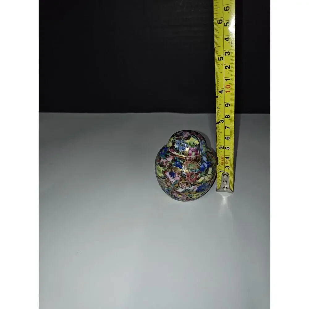 Colorful Vintage Botanical Ginger Jar Urn Hand Painted Floral Mini Vase With Lid